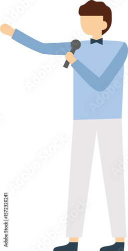 Male master of ceremonies wearing a bow tie elegantly holding a microphone and gesturing with his hand while speaking during a formal event, radiating confidence and professionalism