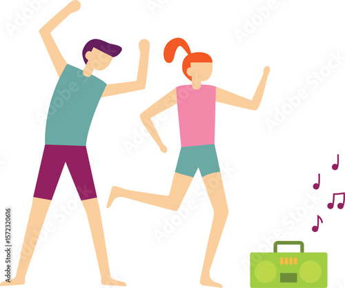 Couple dancing joyfully together, surrounded by vibrant music notes emanating from a portable stereo, embodying an active lifestyle filled with leisure, fun, and shared happiness