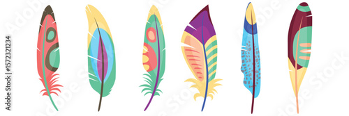 vector colored feathers set bird feathers painted colorful patterns design.