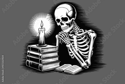 Skeleton reading books by candlelight vector illustration halloween art design concept drawing study