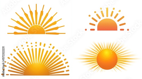 Collection of four stylized sunrise/sun illustrations in orange and yellow, varying in style and detail, perfect for logos, websites, or other design projects
