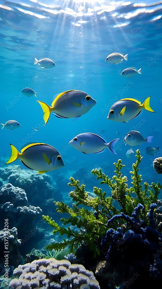 Fototapeta premium A Vibrant Coral Reef with Tropical Fish and Sun Rays Underwater,4k