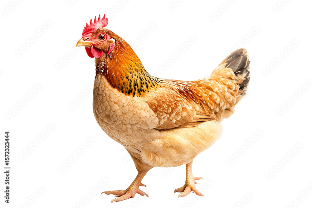 Fototapeta premium Golden hen, isolated on transparent PNG, vibrant plumage, studio shot.