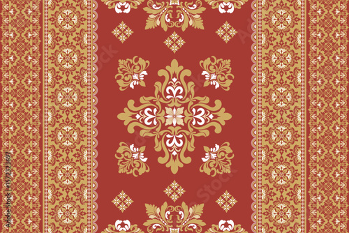 Seamless golden and white floral damask tracery shape with geometric ethnic tradition pattern texture for fabric and textile on red background