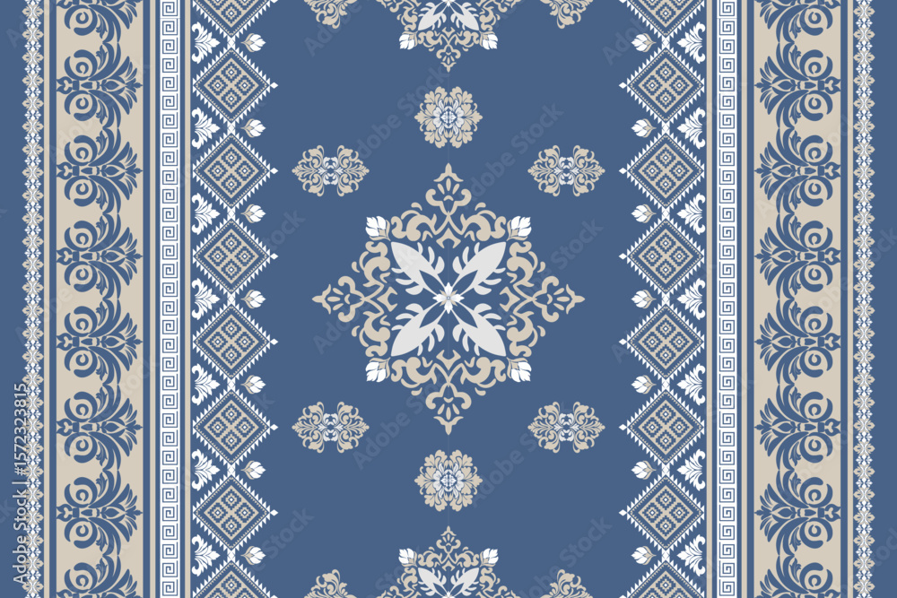 Fototapeta Seamless white and yellow floral damask shape with geometric ethnic tradition pattern texture on natural pastel blue and white background