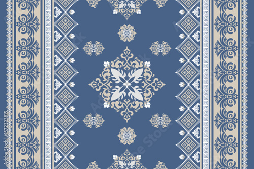 Seamless white and yellow floral damask shape with geometric ethnic tradition pattern texture on natural pastel blue and white background