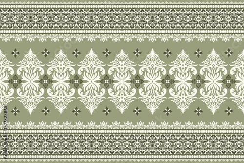 Seamless white and dark green floral damask shape with geometric ethnic tradition pattern texture on natural pastel green and white background