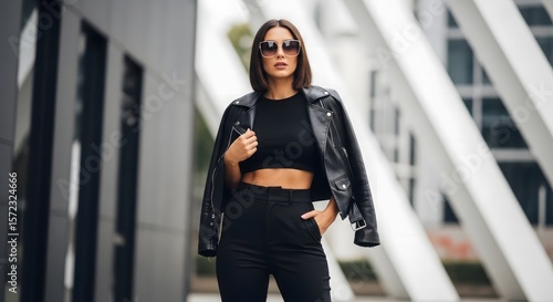 Woman in black leather jacket and sunglasses.