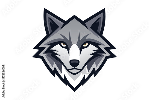 A gray wolf head with pointed ears gazes forward confidently on a white backdrop