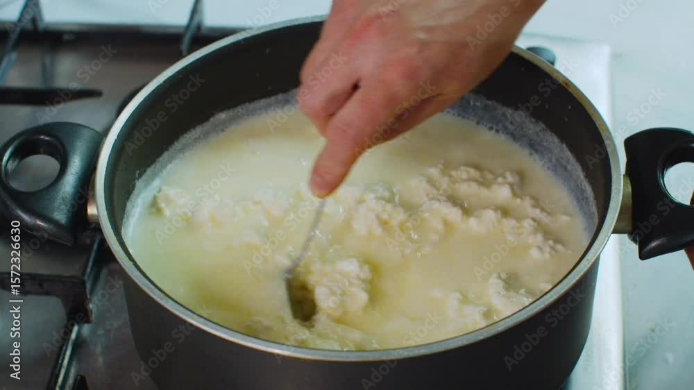Using a spoon to stir curd in a pot, separating it from whey during the cheese-making process. Close-up shot of traditional homemade dairy preparation Using a spoon to stir curd in a pot, separating it from whey during the cheese-making process. Close-up shot of traditional homemade dairy preparation
