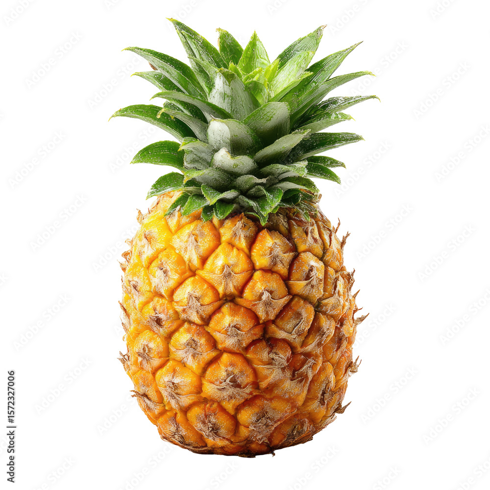 Fototapeta premium Whole ripe pineapple with green spiky crown. Centered isolated fruit on clean white background. Freshness and tropical vitality for healthy food branding and recipe advertising.