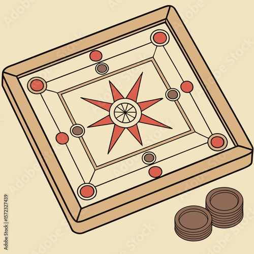 Carrom Board Game: A classic carrom board game with red and brown pieces, ready for a match.  The detailed illustration shows the board's layout and the pieces.