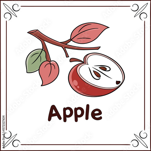 Apple Delight: Hand-drawn illustration of a luscious apple with a bite taken out, revealing its juicy core and seeds, still clinging to a branch with vibrant leaves.