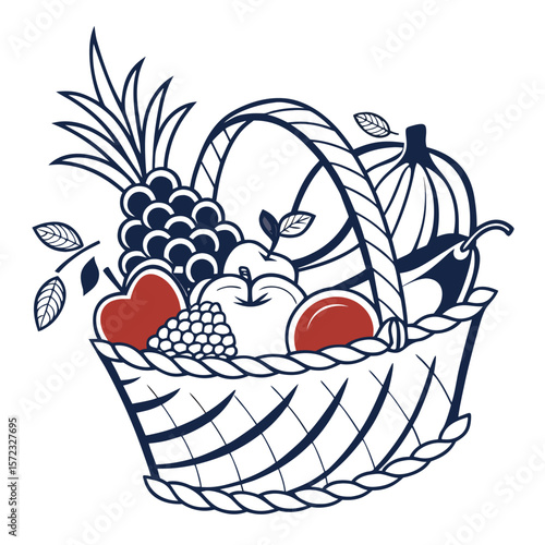 Fruit Basket Abundance: A charming illustration of a wicker basket brimming with a delightful assortment of fresh fruits—apples, grapes, pineapple.