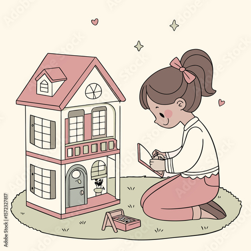 A young girl's toy dollhouse:  A young girl sits intently, absorbed in her imaginative play, as she interacts with a charming dollhouse, symbolizing the joy of childhood and the creative spirit.