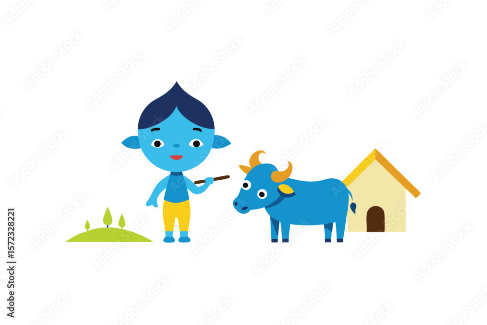 Naklejka premium Baby Krishna with cow and flute near hut pastoral divine vector art illustration