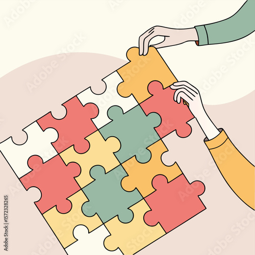 Assembling Solutions: A symbolic illustration showcasing the act of collaboration and teamwork as hands work to complete a colorful jigsaw puzzle.