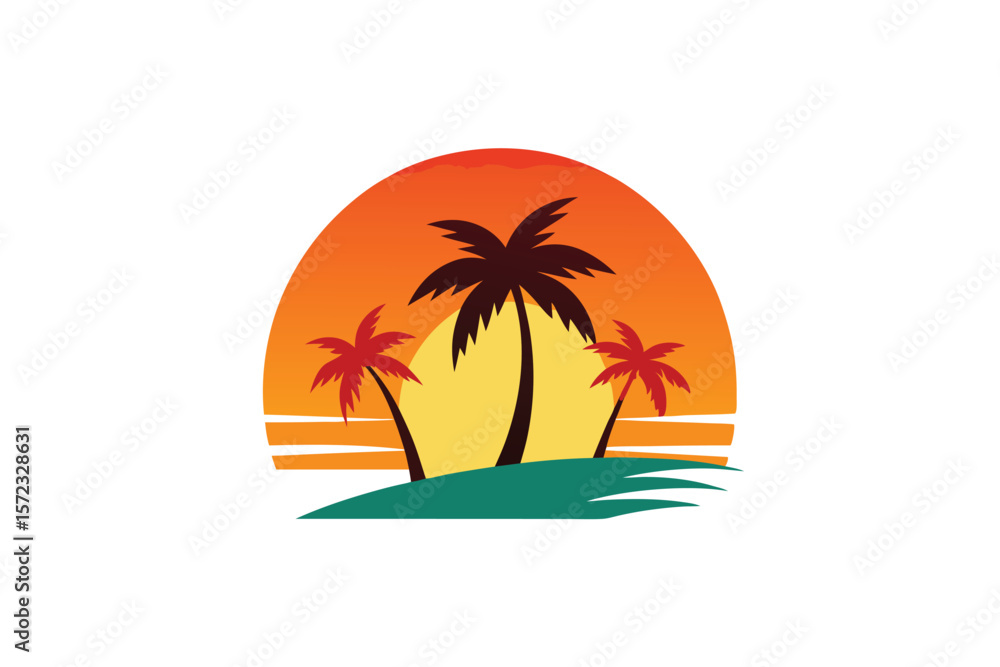 Fototapeta premium Color splash sunset with tropical trees vibrant artistic vector art illustration