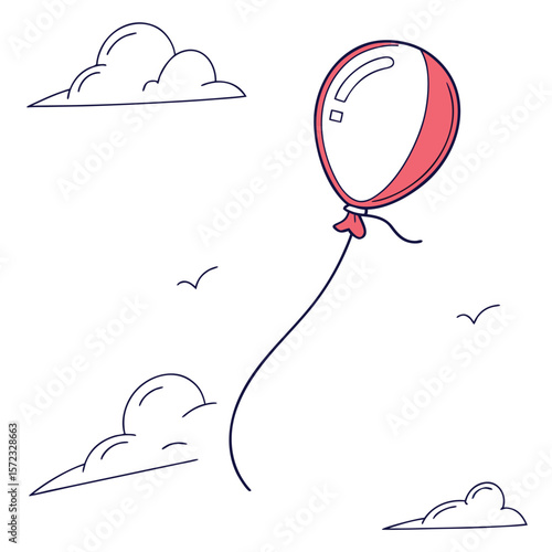 Soaring Aspirations: A whimsical illustration features a vibrant red balloon floating freely amidst stylized clouds, representing dreams, aspirations, and the boundless possibilities of imagination.
