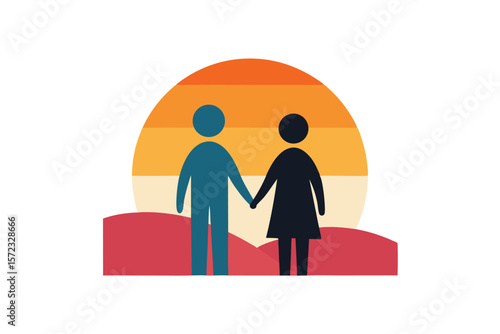 Couple holding hands at sunset keep the bond romantic twilight vector art illustration