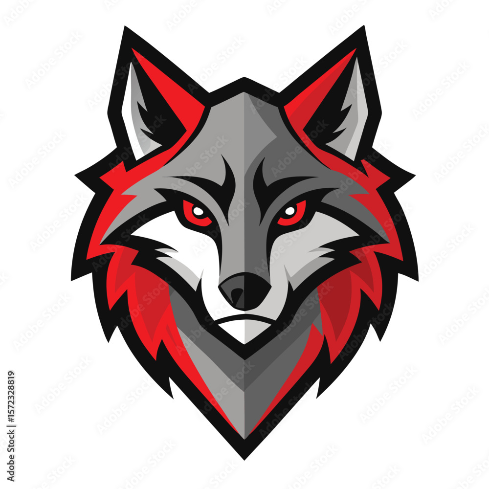Fototapeta premium Cartoon wolf head features sharp angles, red eyes, and black outlines creating intensity