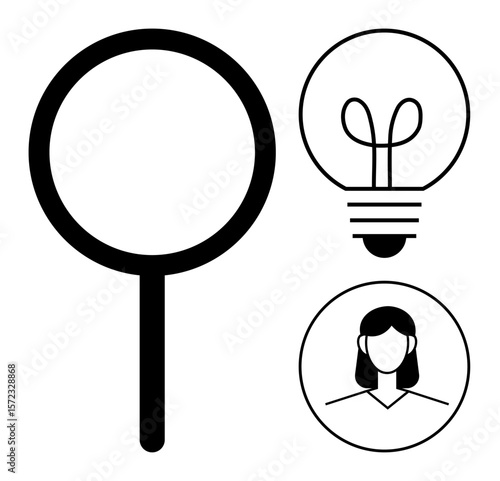 Magnifying glass, lightbulb, and woman s avatar symbolizing search, innovation, and personal focus. Ideal for analysis, creativity, problem-solving, insight recruitment individuality discovery