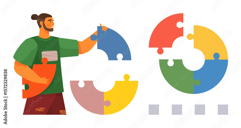 Fototapeta premium Man assembling colorful circular puzzle pieces into a complete chart. Ideal for teamwork, collaboration, problem-solving, creativity, strategy, planning, simple flat metaphor