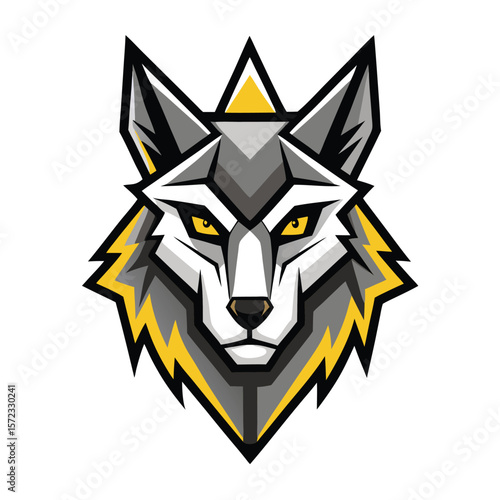 A geometric wolf head with piercing yellow eyes stares intently forward on white