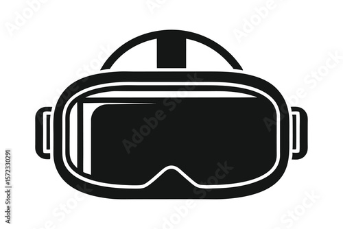 Stylized black silhouette of a virtual reality headset icon on white background