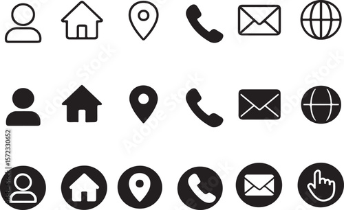 Set of Black and White Contact and Navigation Icons - User Profile, Home, Location, Phone, Email, and Global Web Symbols