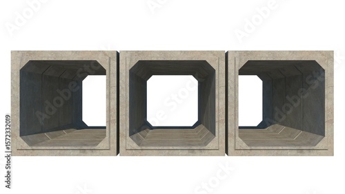 3D isometric image of three 200cm x 200cm x 120cm gray concrete box culverts extending into the distance, set against a white set, defining precast drainage components ready for technical installation
