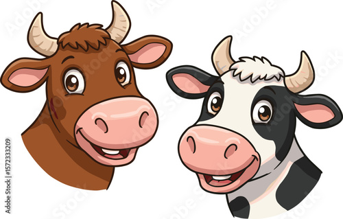 Two Friendly Cartoon Cow Faces: A Happy Brown Calf and a Spotted Black and White Heifer, Smiling on a White Background, Perfect for Farm and Dairy Concepts.