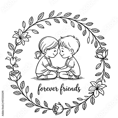 Forever Friends: Embrace the timeless bond of friendship, artfully captured in a simple yet heartwarming illustration. Two children sit close, hands clasped, within a delicate floral wreath.