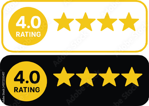 4.0 Star Rating Badge Set – Flat Design Yellow Star Review Icons on Black and White Background for Feedback, Reviews, Web UI, and Customer Satisfaction Graphics