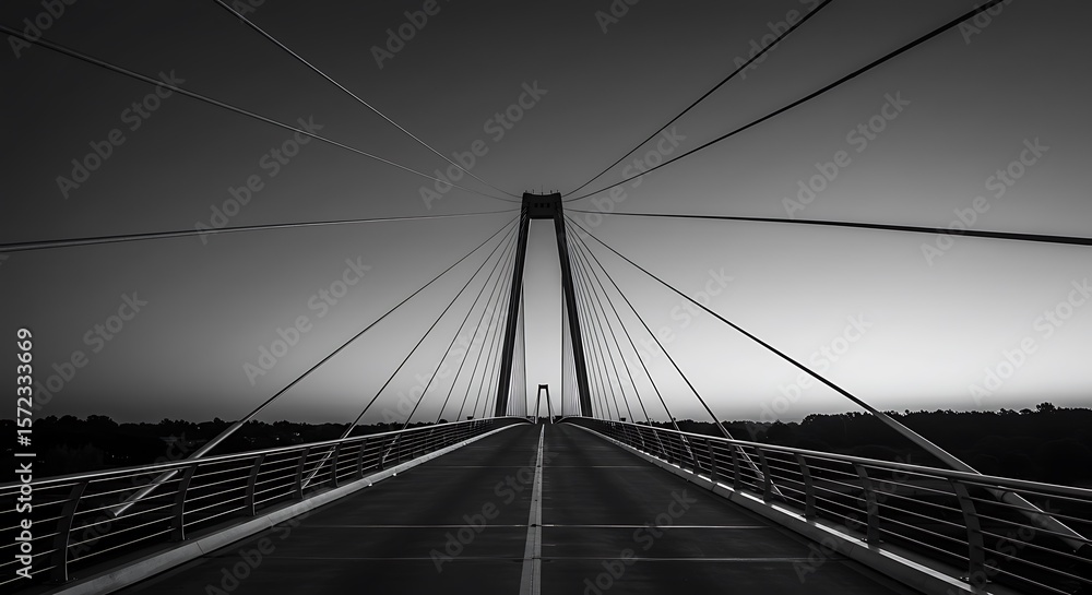 Naklejka premium Suspension Bridge in Black and White Leading to Horizon