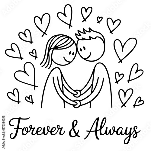Eternal Love: A simple yet heartfelt depiction of two figures embracing amidst a constellation of hearts, symbolizing eternal love. A timeless representation of togetherness.