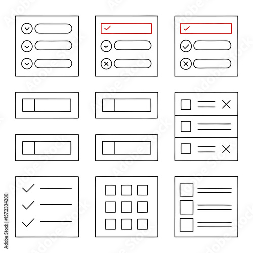 Illustration showing various user interface elements including checkboxes radio buttons and progress bars