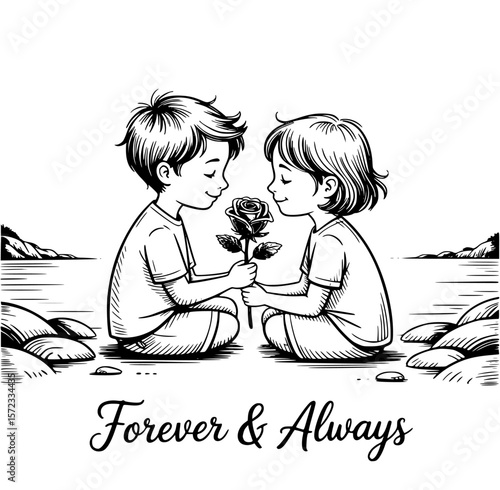 Forever & Always: Embrace a timeless scene where two souls, a boy and girl, share a tender moment by the tranquil sea. The image depicts their everlasting bond, symbolized by a single rose.