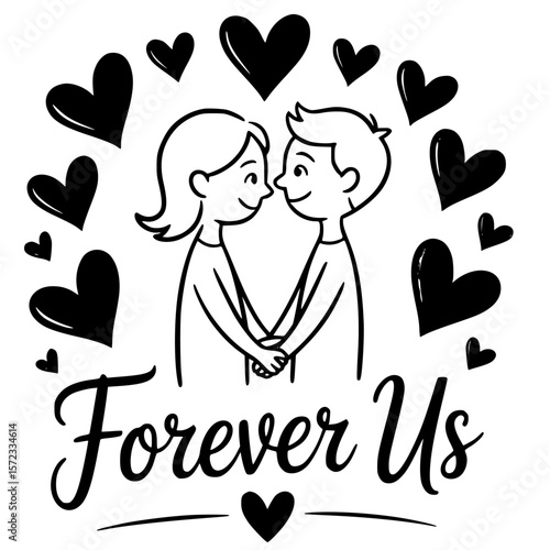 Forever Us: A charming illustration of a couple, holding hands with love hearts, symbolizing everlasting bond and unity.