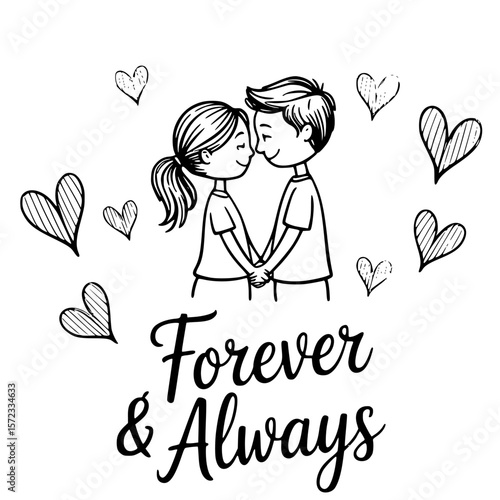 Eternal Love: A tender illustration depicts a couple holding hands, surrounded by hearts and the words Forever & Always, symbolizing enduring love and commitment.