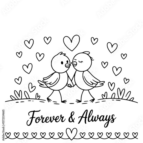 Eternal Devotion: Depicts a timeless illustration of two loving birds walking hand-in-hand surrounded by hearts, embodying everlasting affection.