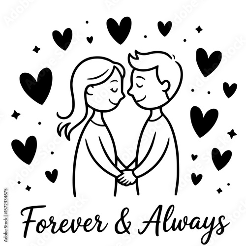 Forever & Always: A charming sketch of a couple, surrounded by hearts, embodying the eternal promise of love and companionship.