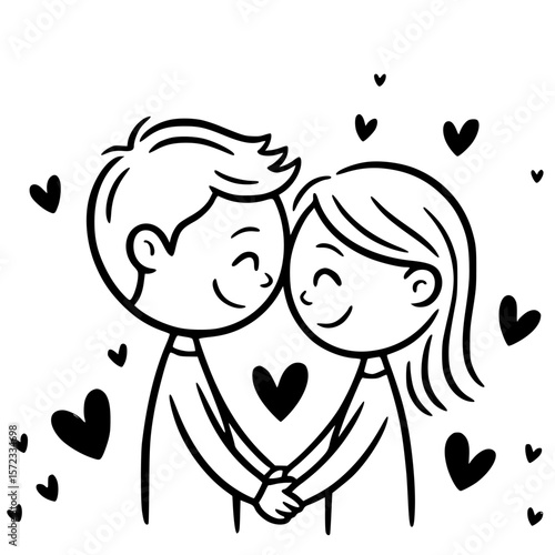 Embraced Hearts: An illustration of a loving couple, bathed in the glow of their tender embrace, with hearts to express a bond of the emotions of love, passion and affinity.