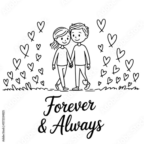 Forever & Always: A charming illustration depicts a couple walking together, their hands clasped, surrounded by a whimsical array of hearts. The words Forever & Always gracefully adorn the image.