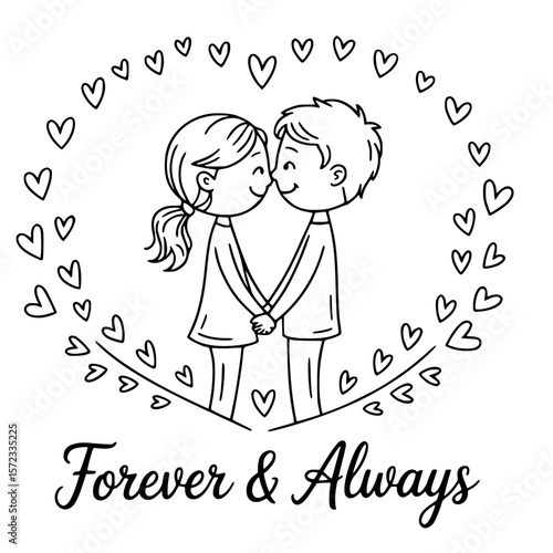 Forever & Always: A cute, line art illustration of a couple, holding hands and leaning in for a kiss, surrounded by a ring of hearts, perfectly embodying the theme of everlasting love.