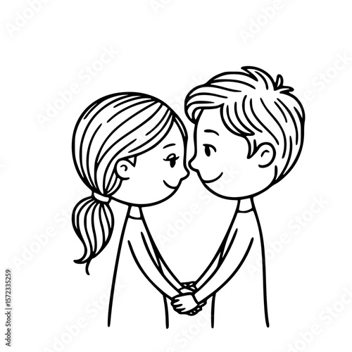 Forever Love: A hand-drawn illustration of a loving couple tenderly gazing at each other, holding hands to showcase affection, loyalty, and romantic togetherness.
