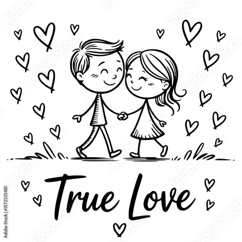 True Love's Embrace: A hand-drawn illustration of a couple, joyfully walking hand-in-hand amidst a flurry of hearts, their connection radiating warmth and affection.