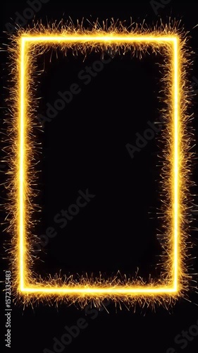Golden Sparkling Frame Light Rectangle Shiny Black Background
