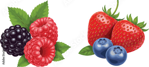 Vibrant Collection of Fresh Ripe Summer Berries: Juicy Strawberries, Sweet Blueberries, Tangy Raspberries, and Dark Blackberries on a White Background, Perfect for Healthy Eating Concepts.
