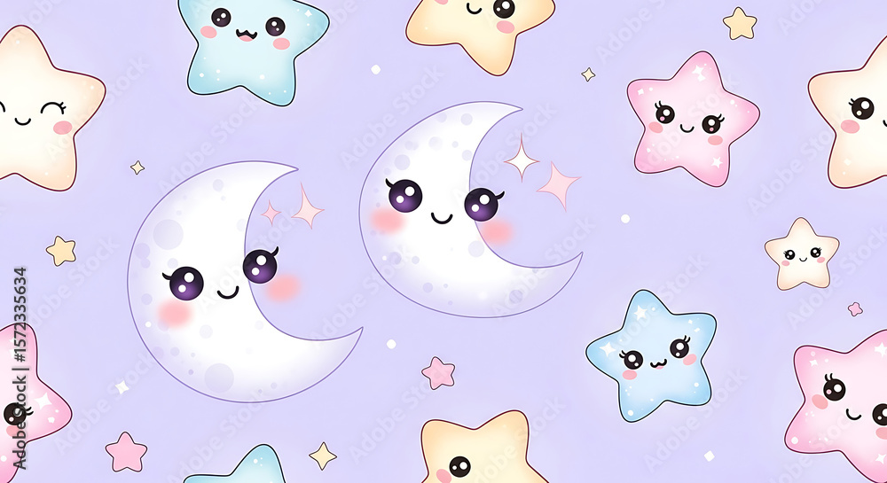 Fototapeta premium Kawaii Moon and Stars Seamless Pattern.